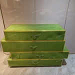 Green Textured Staggered Drawer Console with Gold Metal Borders